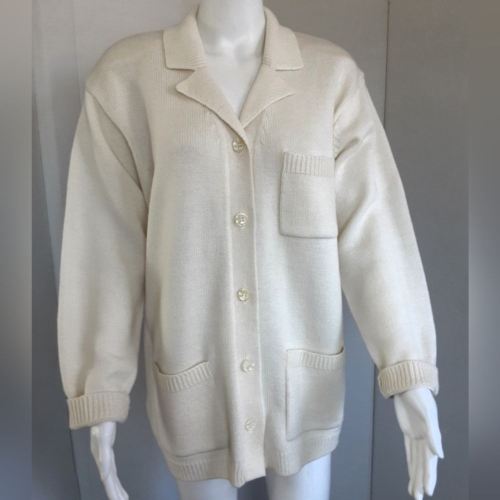 KAREN SCOTT Wool Blend Winter White Lapel Collar | 3 Pocket Cardigan Sz M - Vtg